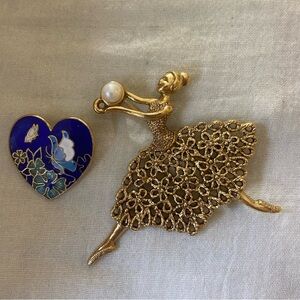 Vintage Ballerina Girl Brooch Faux‎ Pearl & Heart Flowers & Butterfly Pin